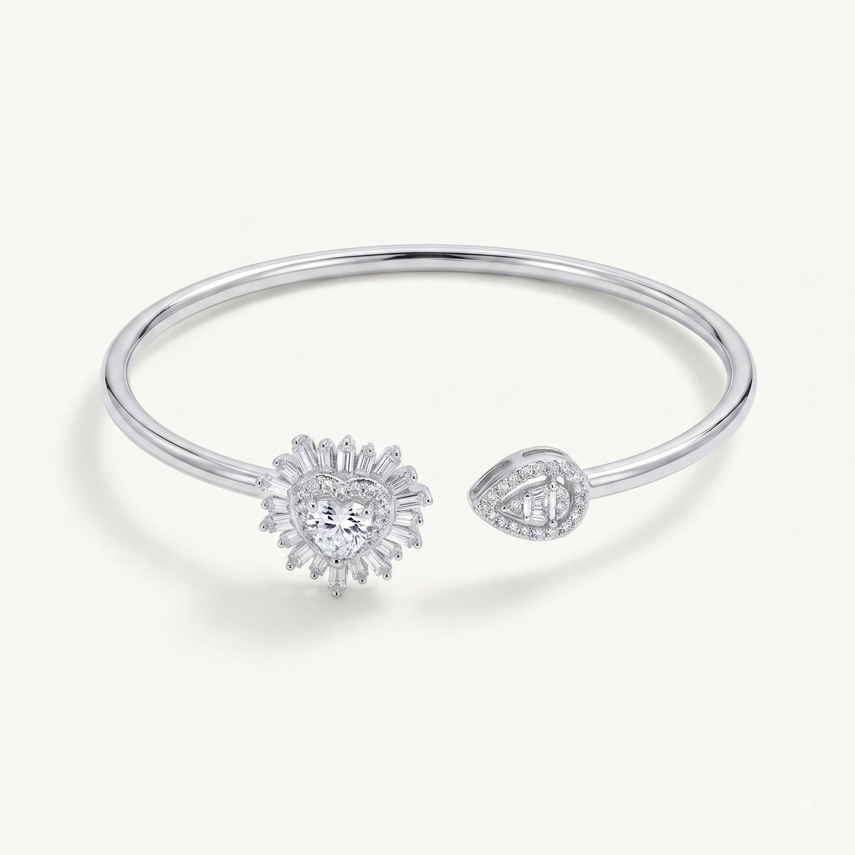 Heart Halo Crystal Open Cuff Bracelet – Silver Tone