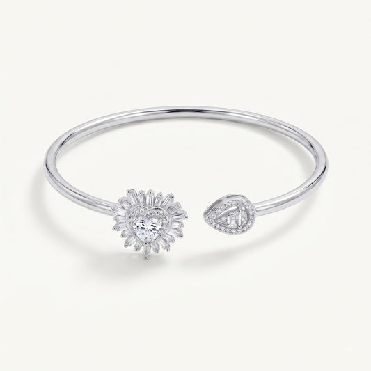 Heart Halo Crystal Open Cuff Bracelet – Silver Tone