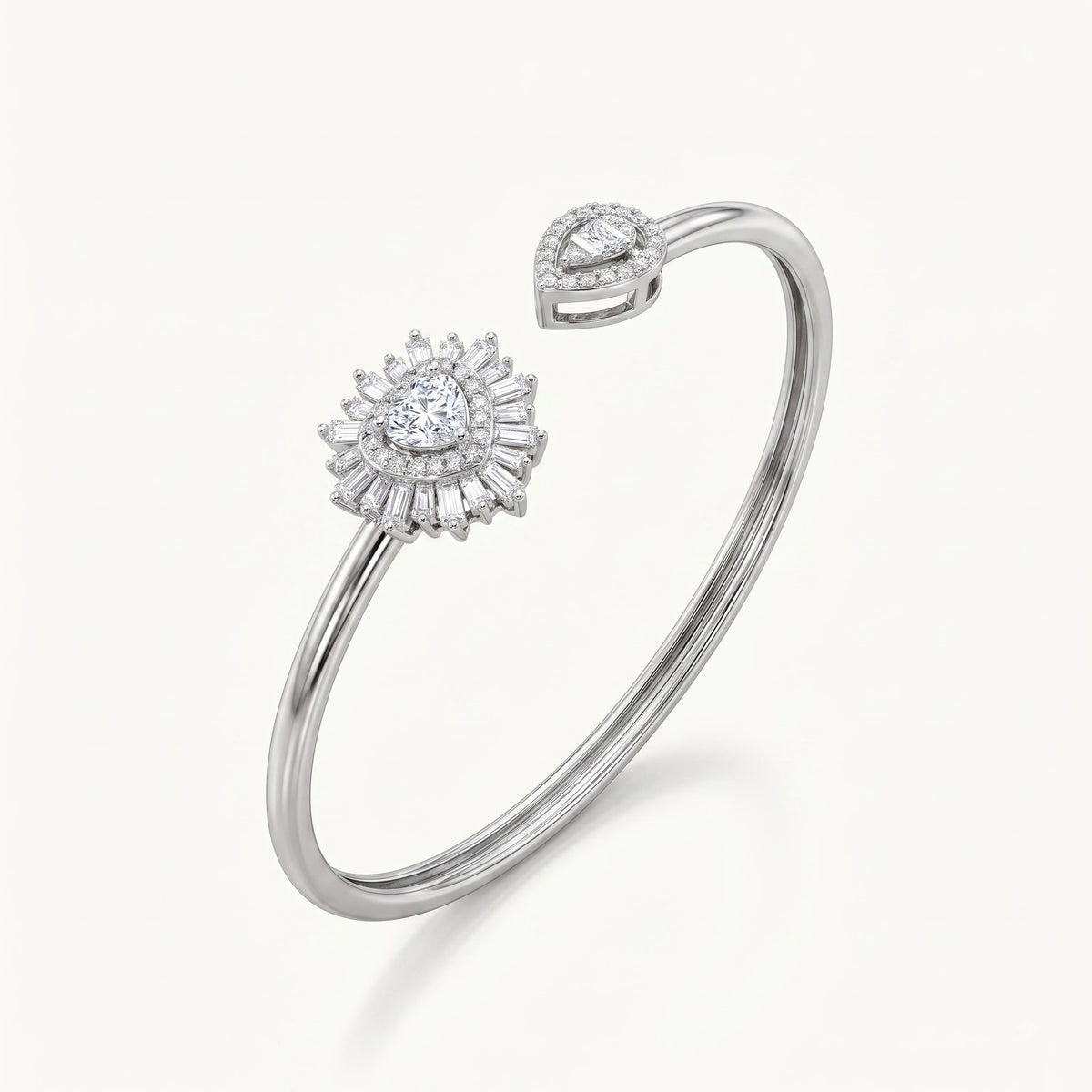 Heart Halo Crystal Open Cuff Bracelet – Silver Tone