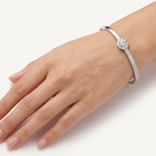 Floral Pavé Crystal Bangle Bracelet – Elegant Silver-Tone Statement Jewelry
