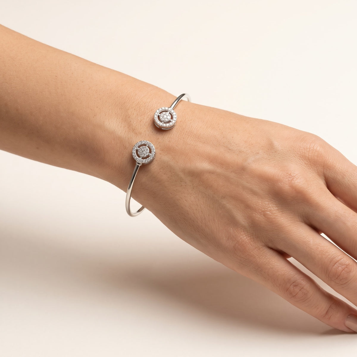 Elegant Silver-Tone Double Halo Crystal Open Cuff Bangle for Women