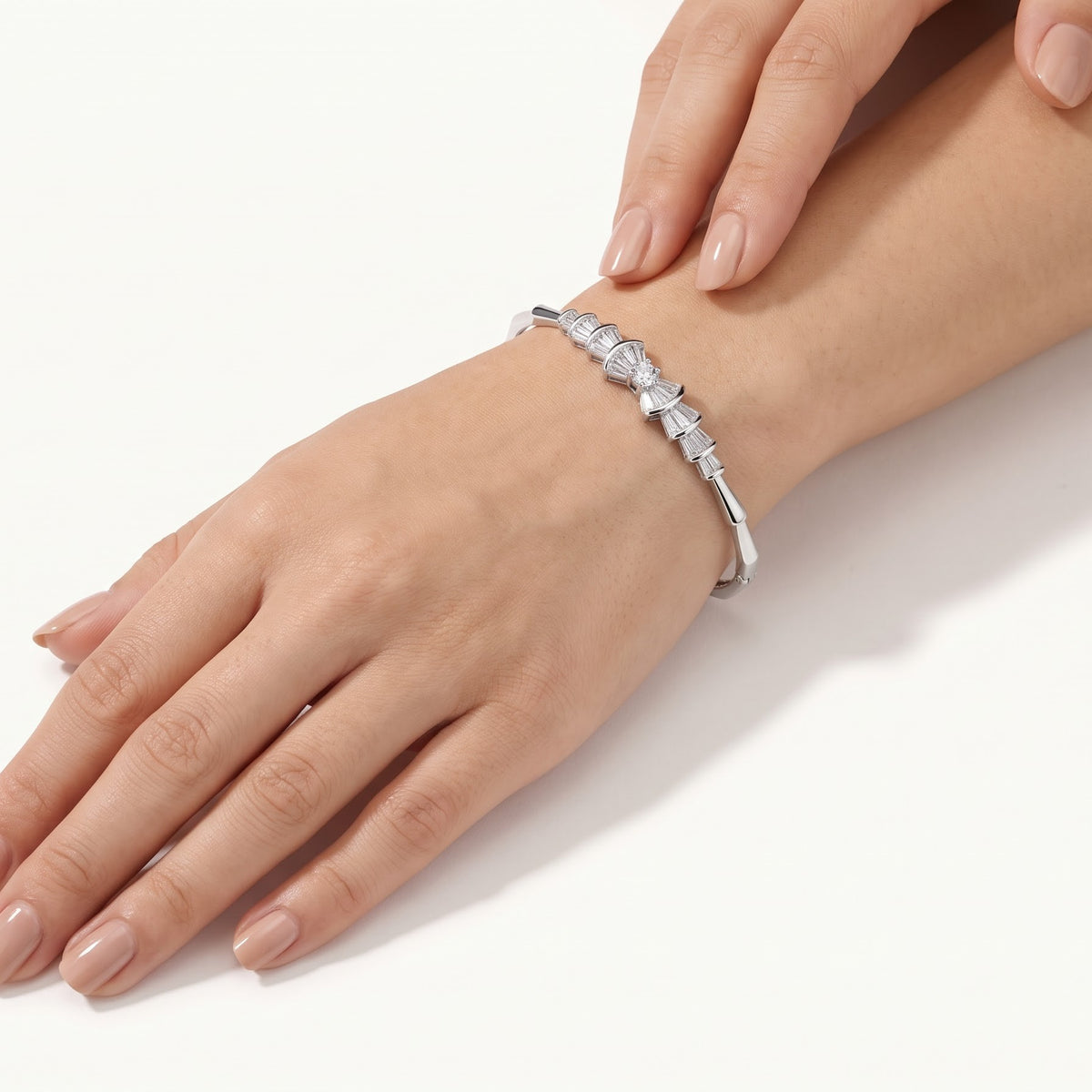 Silver Bow-Inspired Baguette Stone Bracelet