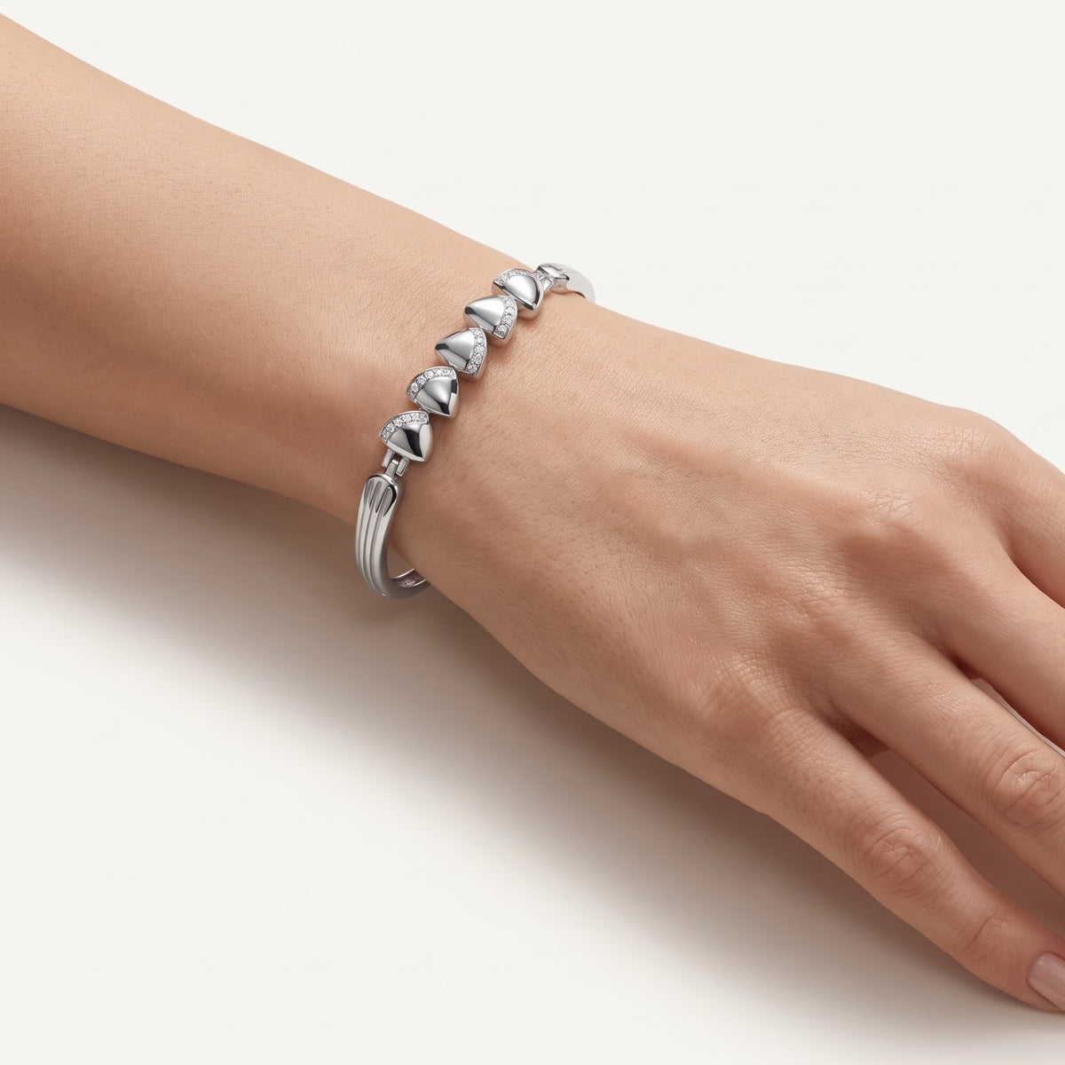 Elegant Silver Bow & Heart Link Bracelet with Crystal Accents for Women