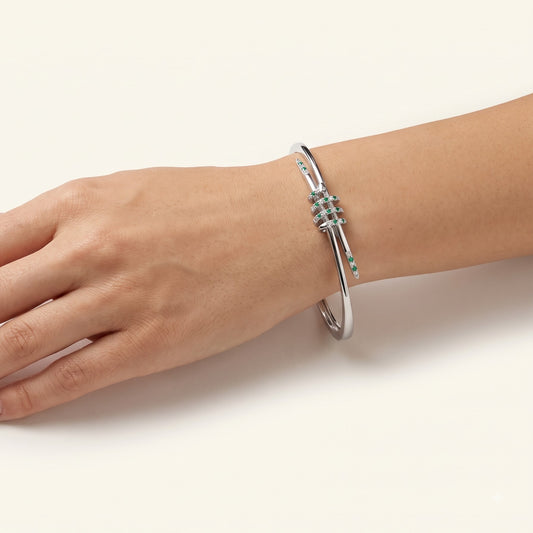 Silver Open Cuff Bracelet for Women – Green & Clear Stone Wrap Design
