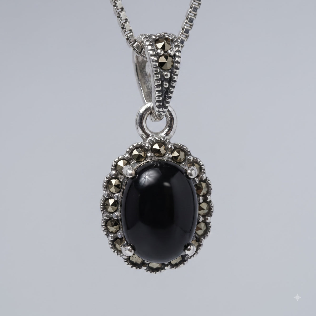 Silver Black Oval Stone Pendant Necklace