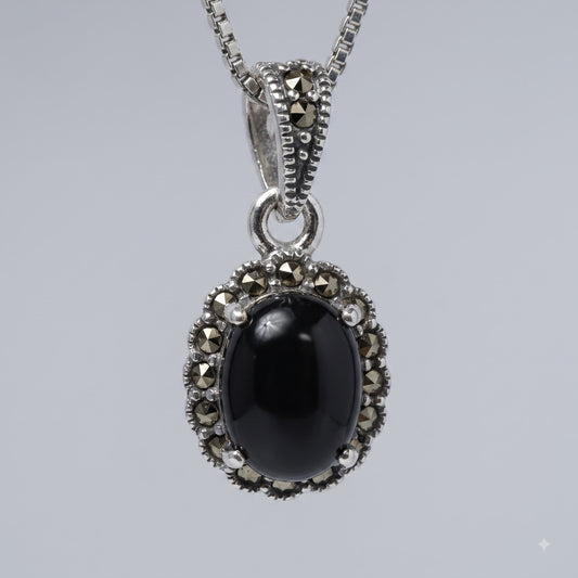 Silver Black Oval Stone Pendant Necklace