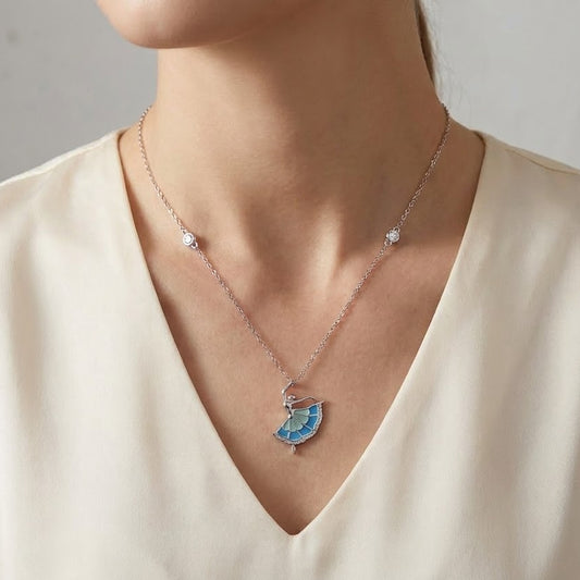 Blue Enamel Fan Pendant Necklace