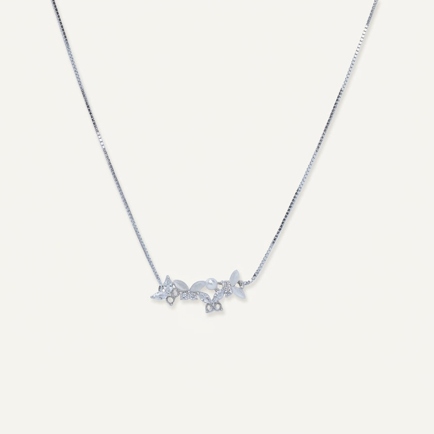 Silver Floral Pearl Vine Necklace with Leaf & Crystal Details