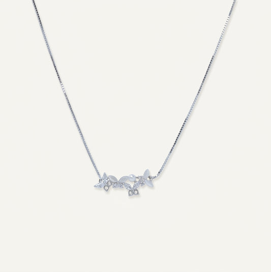 Silver Floral Pearl Vine Necklace with Leaf & Crystal Details