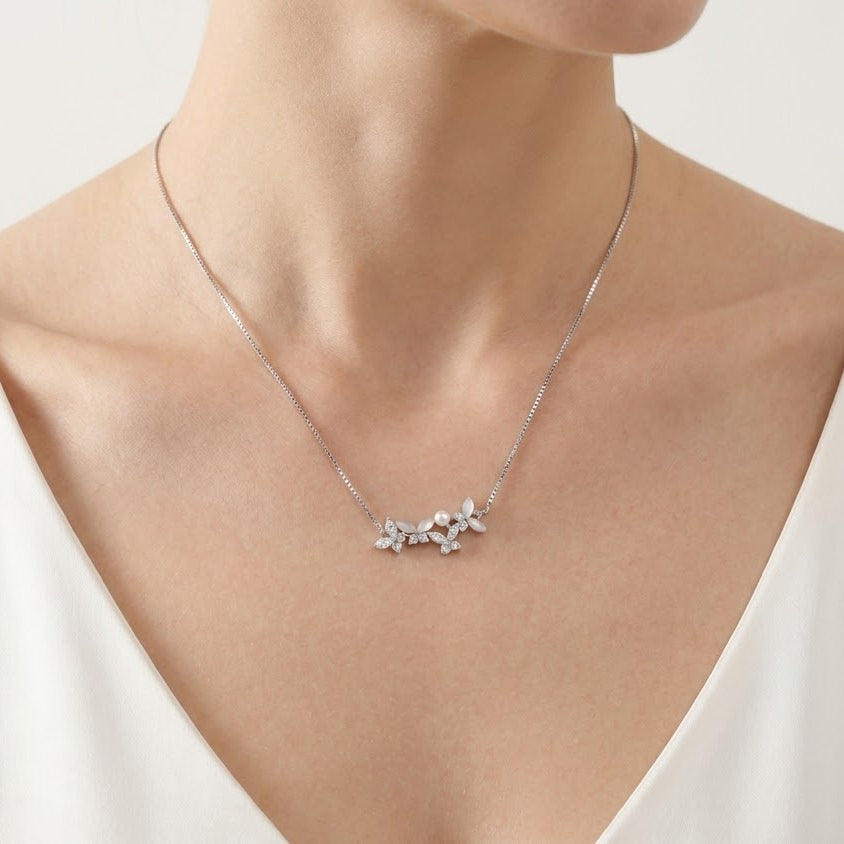 Silver Floral Pearl Vine Necklace with Leaf & Crystal Details