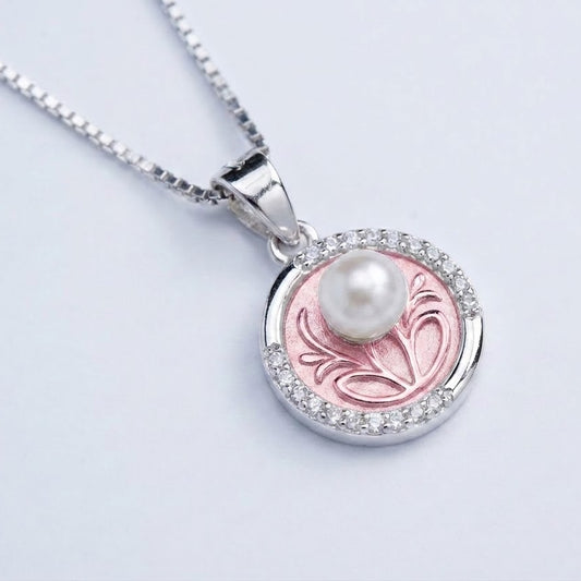 Elegant Pearl Floral Pendant Necklace – Pink Enamel Round Necklace for Women
