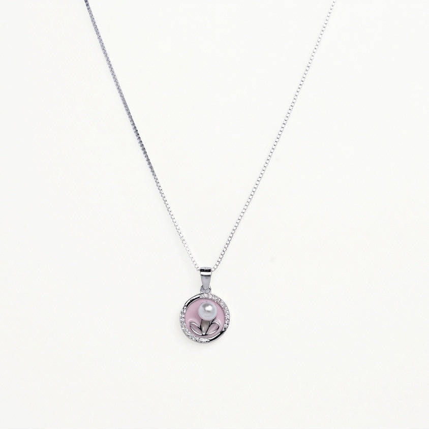 Elegant Pearl Floral Pendant Necklace – Pink Enamel Round Necklace for Women