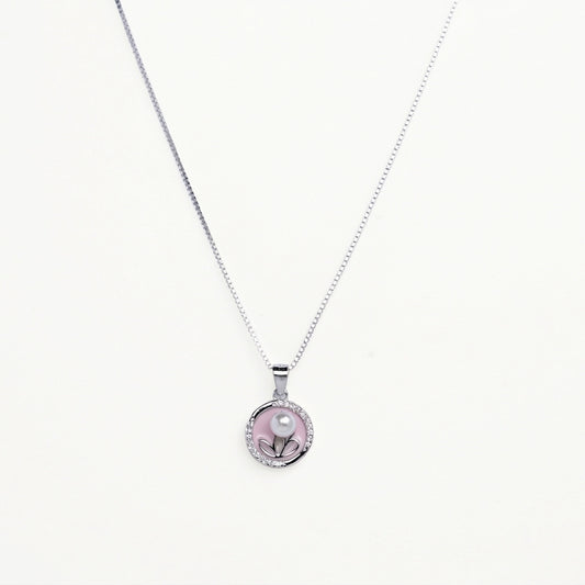 Elegant Pearl Floral Pendant Necklace – Pink Enamel Round Necklace for Women