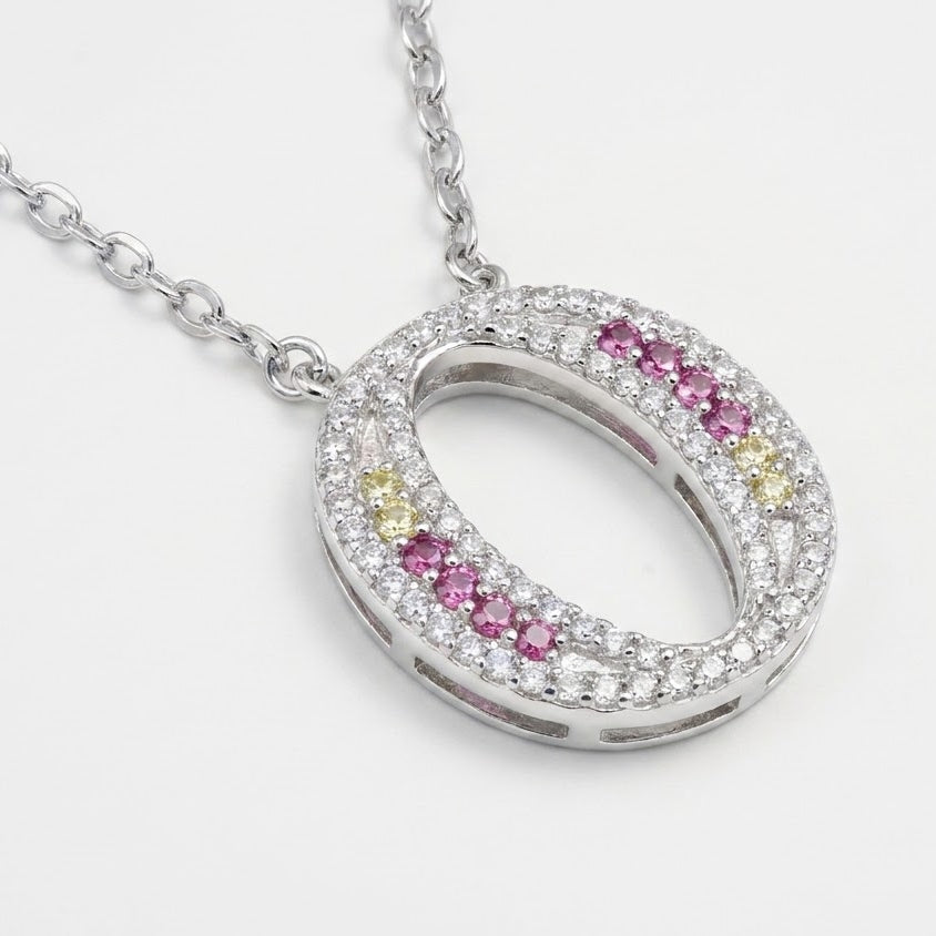 Oval Pink & Yellow Stone Pendant Necklace – Silver Tone