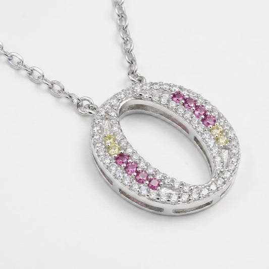 Oval Pink & Yellow Stone Pendant Necklace – Silver Tone