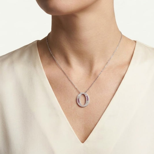 Oval Pink & Yellow Stone Pendant Necklace – Silver Tone