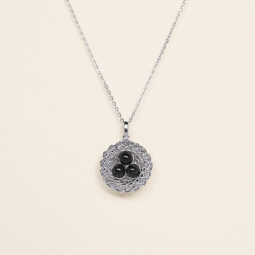 Elegant Silver Bird Nest Black Gemstone Pendant Necklace
