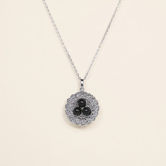 Elegant Silver Bird Nest Black Gemstone Pendant Necklace