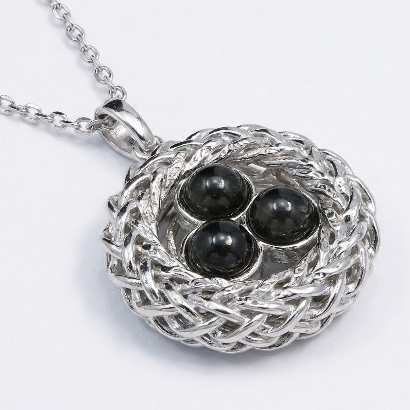 Elegant Silver Bird Nest Black Gemstone Pendant Necklace
