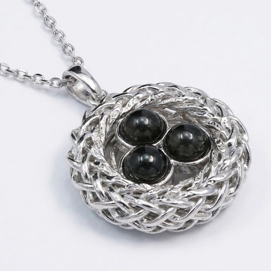 Elegant Silver Bird Nest Black Gemstone Pendant Necklace