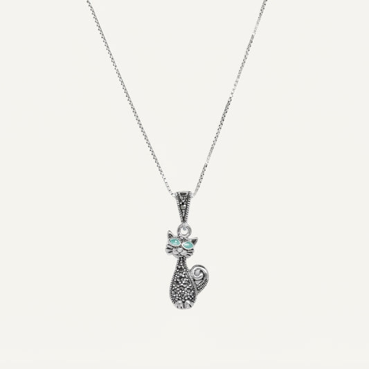 Silver Cat Pendant Necklace with Turquoise Eyes