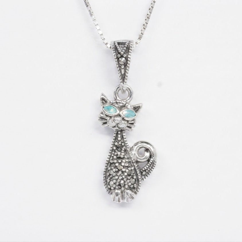 Silver Cat Pendant Necklace with Turquoise Eyes