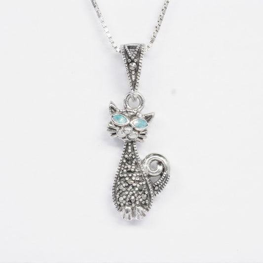 Silver Cat Pendant Necklace with Turquoise Eyes