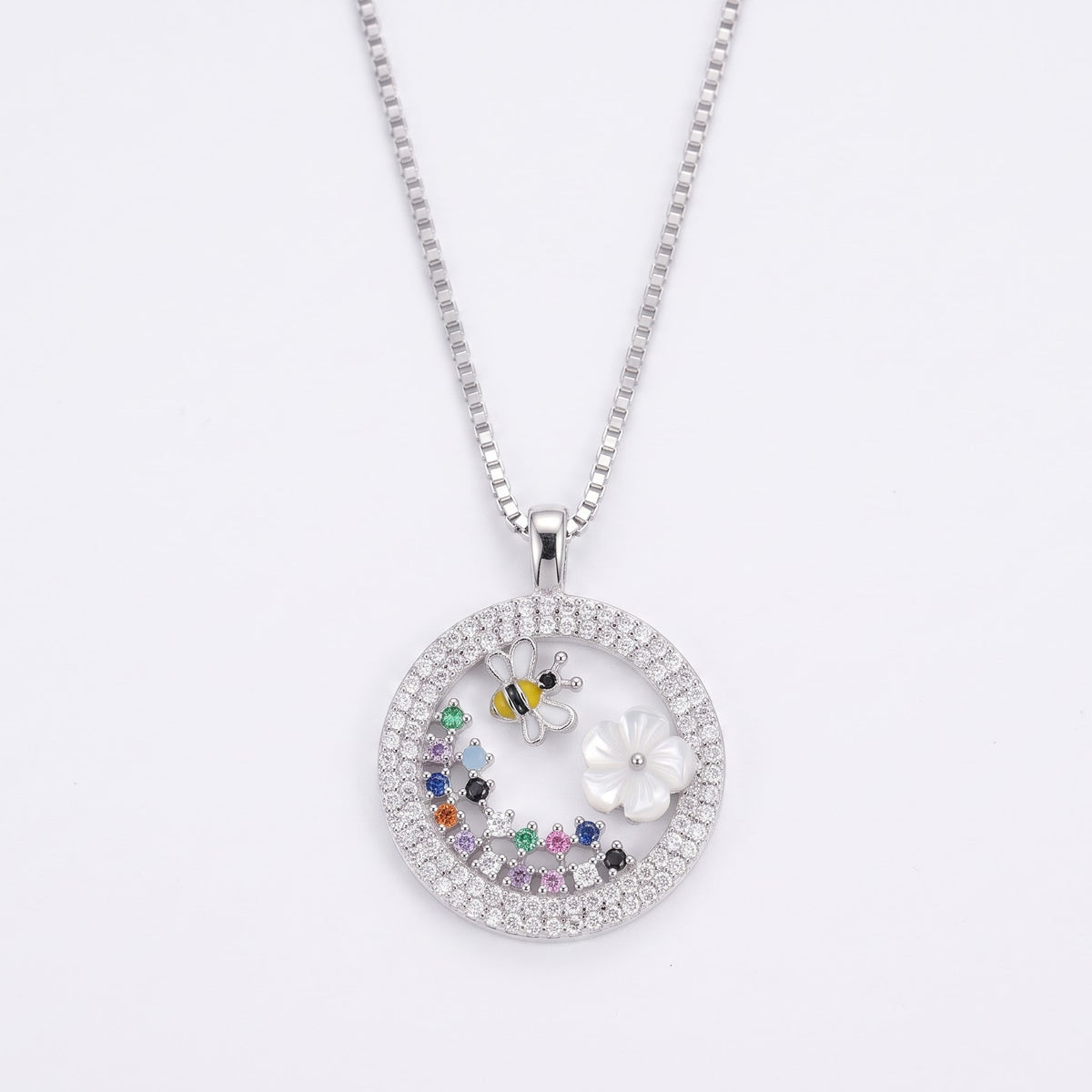 Elegant Silver Floral Garden Pendant Necklace with Colorful Stones