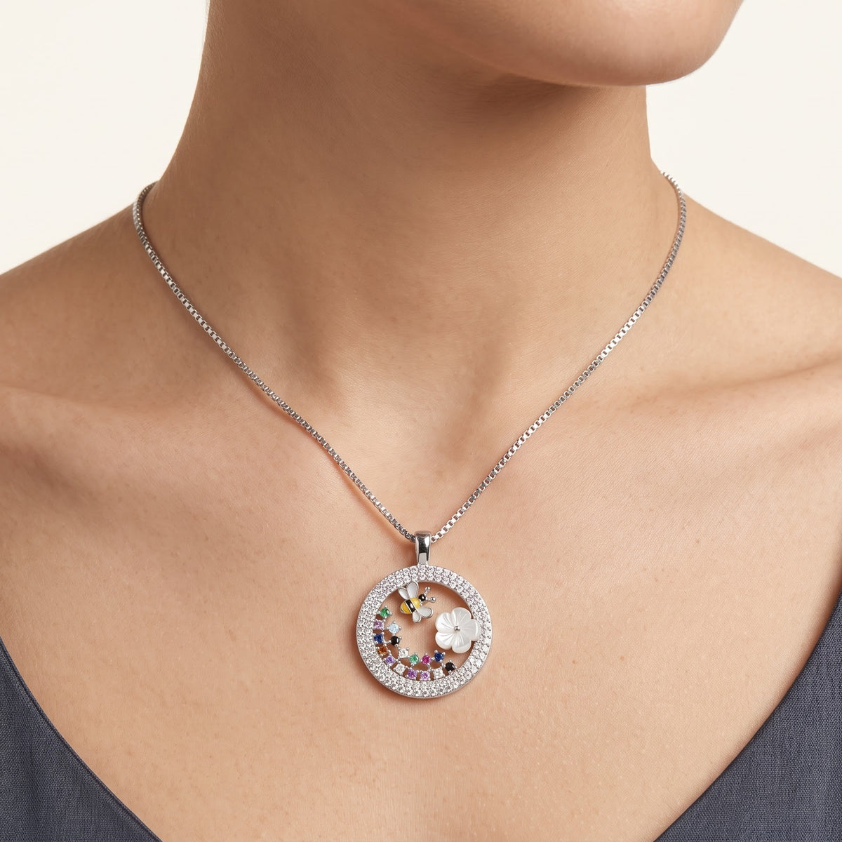 Elegant Silver Floral Garden Pendant Necklace with Colorful Stones