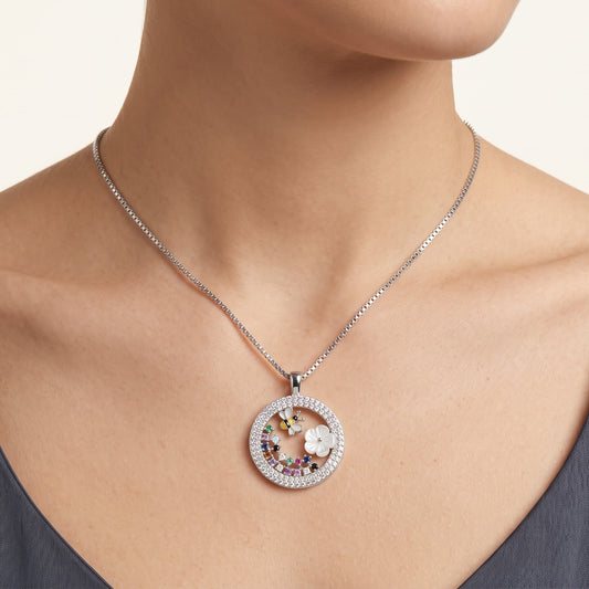 Elegant Silver Floral Garden Pendant Necklace with Colorful Stones