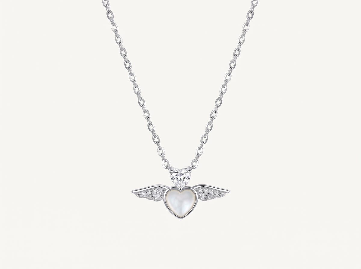 Elegant Silver Angel Wing Heart Necklace with Crystal Pendant