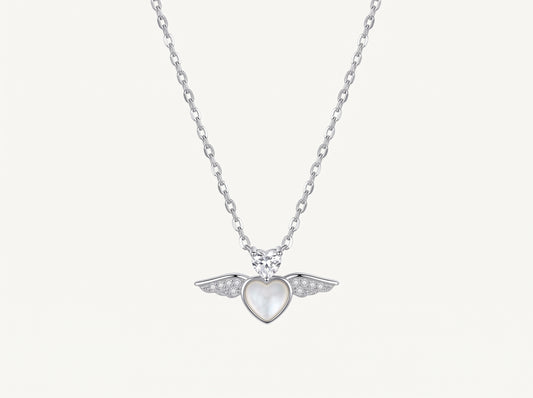 Elegant Silver Angel Wing Heart Necklace with Crystal Pendant