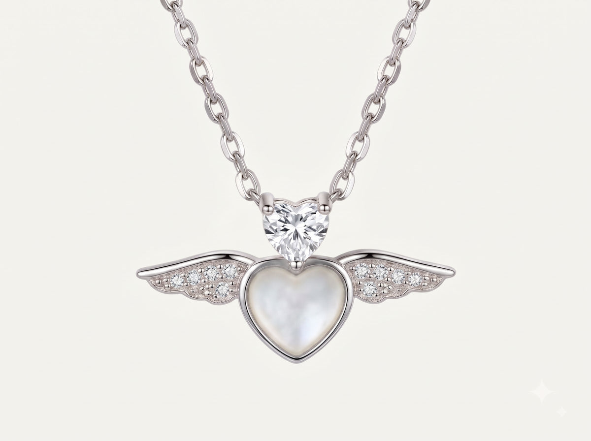 Elegant Silver Angel Wing Heart Necklace with Crystal Pendant