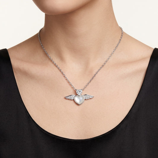 Elegant Silver Angel Wing Heart Necklace with Crystal Pendant