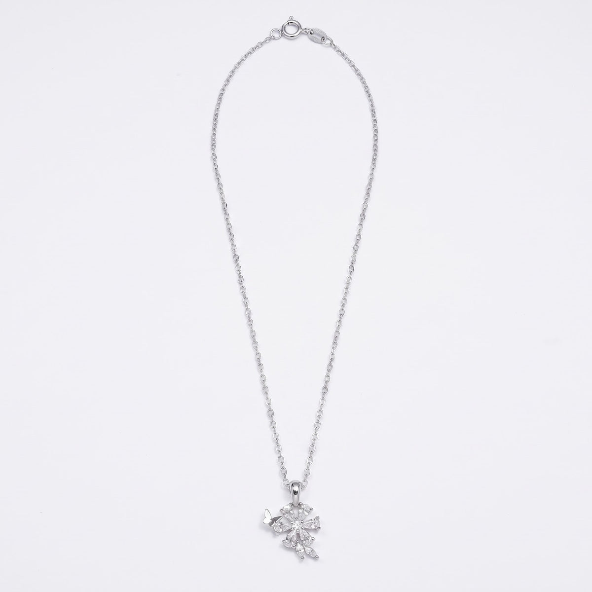 Elegant Silver Floral Butterfly Pendant Necklace