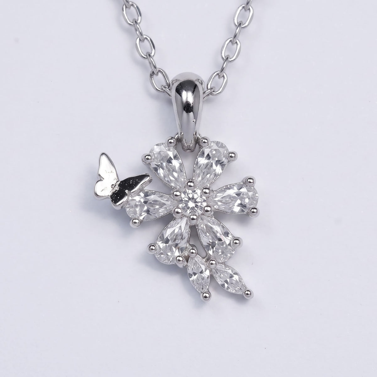 Elegant Silver Floral Butterfly Pendant Necklace