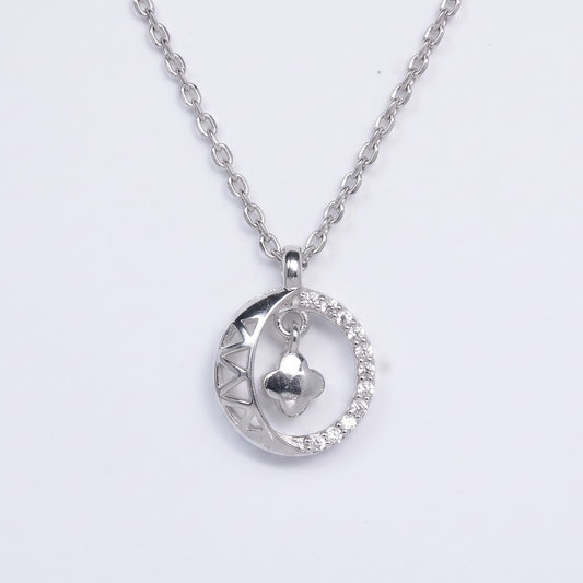 Silver Round Clover Pendant Necklace with Sparkling Stones
