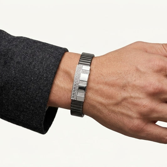 Men's Black Ribbed Bracelet with Silver Crystal Bar