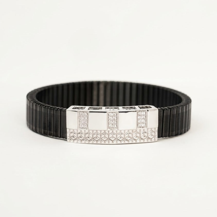 Men's Black Ribbed Bracelet with Silver Crystal Bar