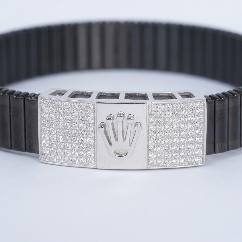 Men's Black Ribbed Bracelet with Crystal Embellished Silver Centerpiece