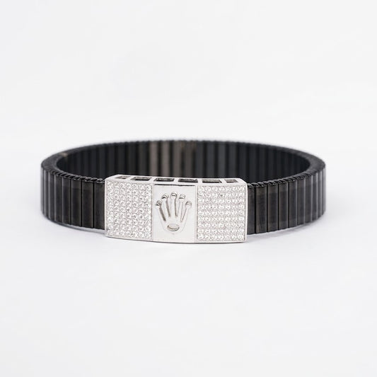 Men's Black Ribbed Bracelet with Crystal Embellished Silver Centerpiece