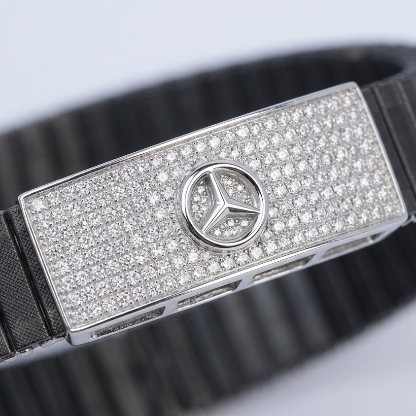 Men's Black Ribbed Bracelet with Crystal Embellished Silver Emblem