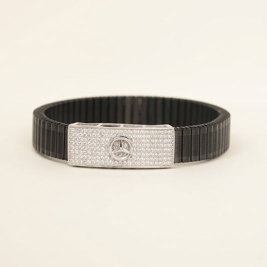 Men's Black Ribbed Bracelet with Crystal Embellished Silver Emblem