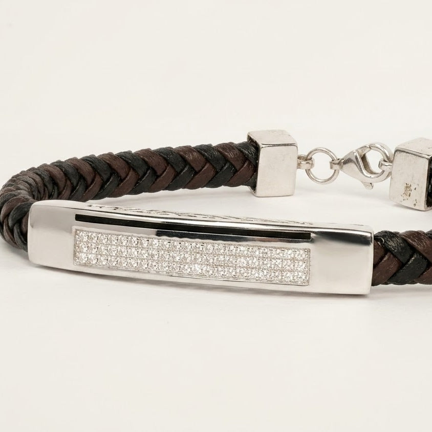 Men's Braided Leather Bracelet with Silver-Tone Crystal Bar