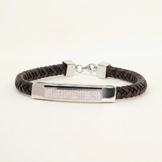Men's Braided Leather Bracelet with Silver-Tone Crystal Bar