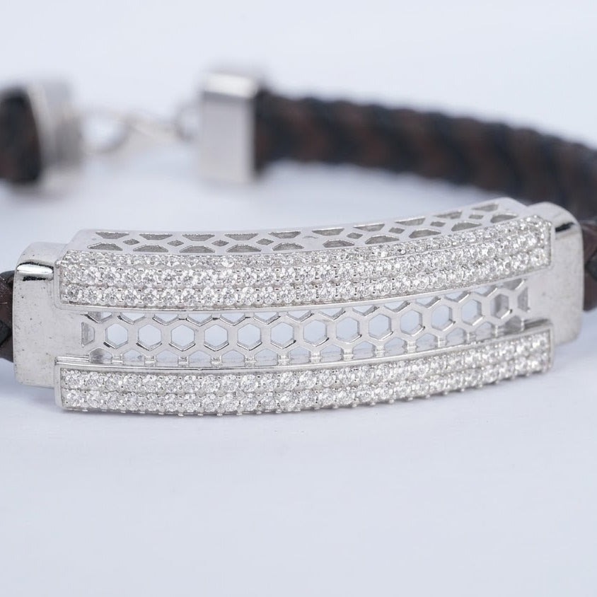 Silver Honeycomb CZ Leather Bracelet for Men
