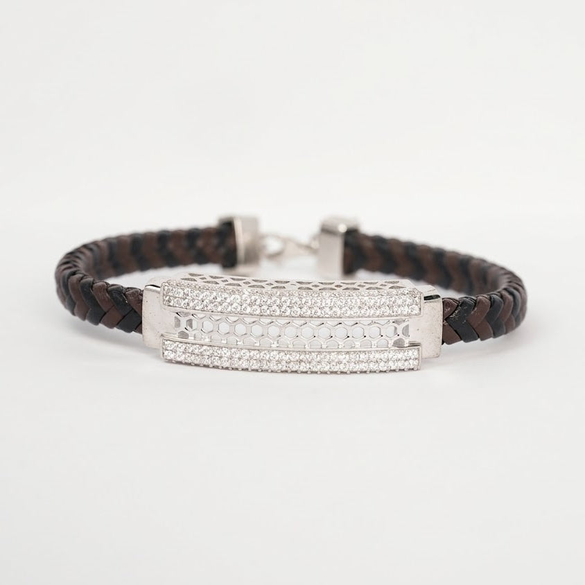 Silver Honeycomb CZ Leather Bracelet for Men
