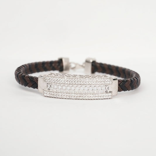 Silver Honeycomb CZ Leather Bracelet for Men