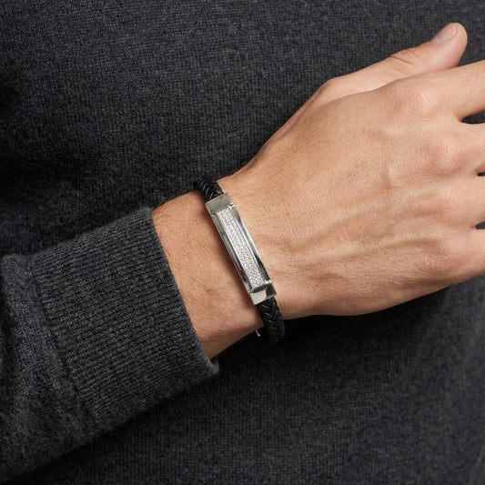 Men's Black Braided Bracelet with Silver Crystal Bar