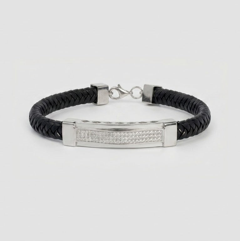 Men's Black Braided Bracelet with Silver Crystal Bar